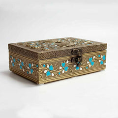 Side view of dancing peacock golden oxidized wooden jewellery box with intricate floral borders