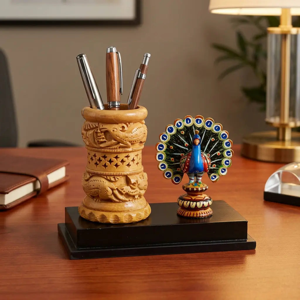 Wooden pen stand with carved bird motifs, lattice cutwork and a blue peacock with spread feathers on a black platform