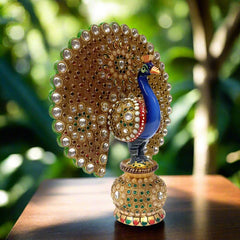 Hand-painted wooden Dancing Peacock statue decorated with Kundan and white stones, 20cm height.