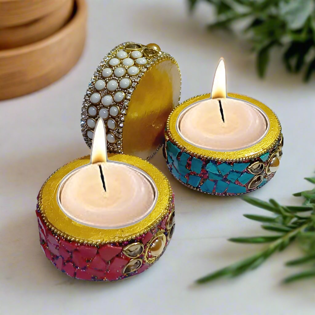 Elegant tabletop candle stand decorated with stones and accessories