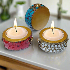 Multi-color decorative candle holder with stone embellishments for home décor