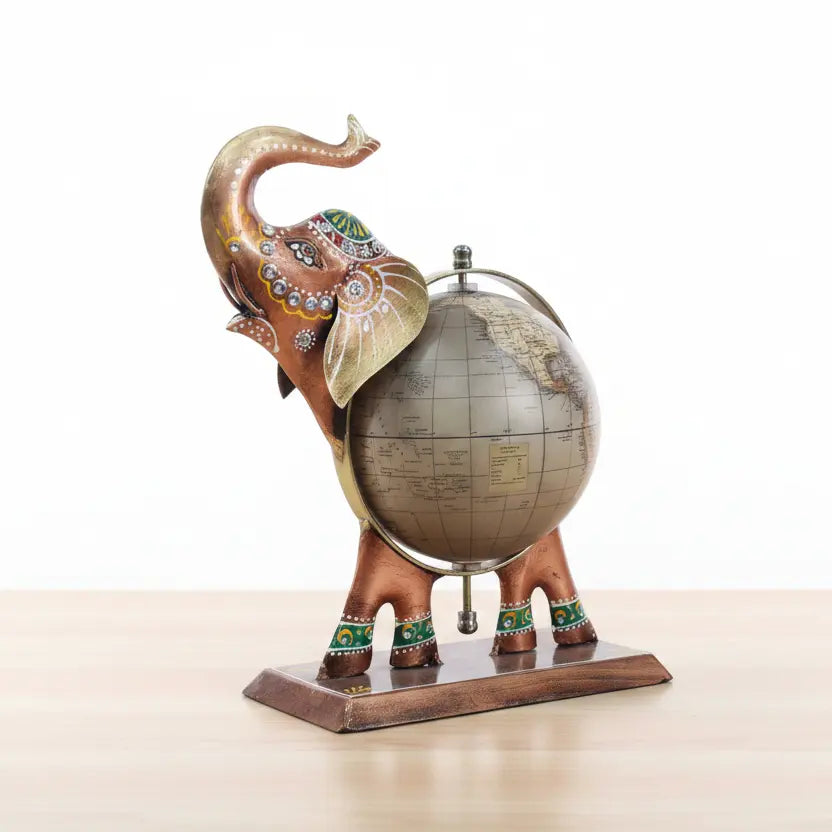 Decorative Metal Elephant Globe Showpiece | Indian Handicraft Home Decor Gift | KK Gift Store