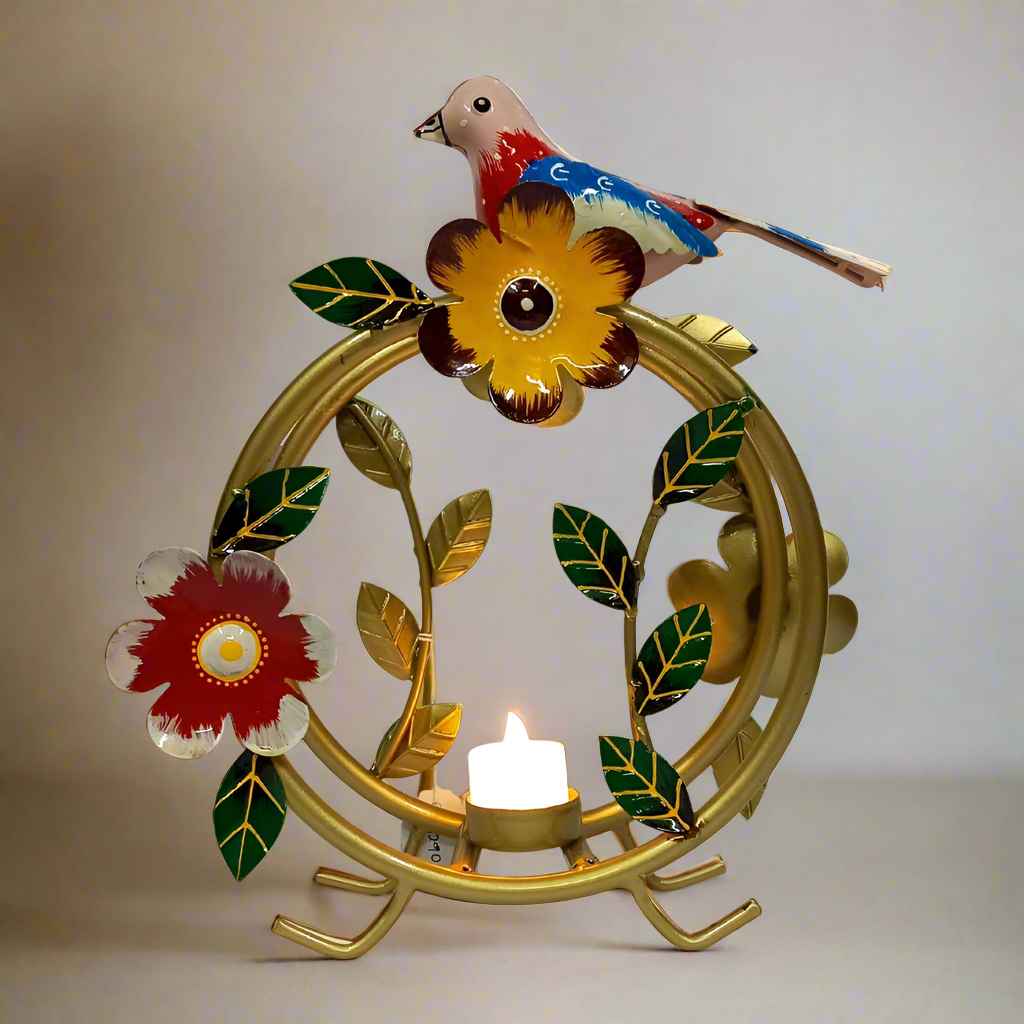 Decorative Metal Candle Holder Featuring Birds and Floral Patterns in Circular Shape