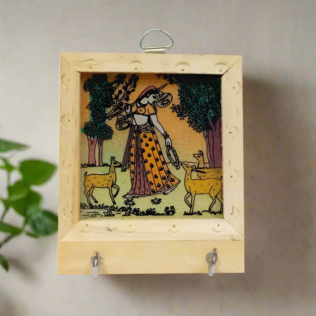 Handcrafted wooden key holder featuring gemstone artwork on glass