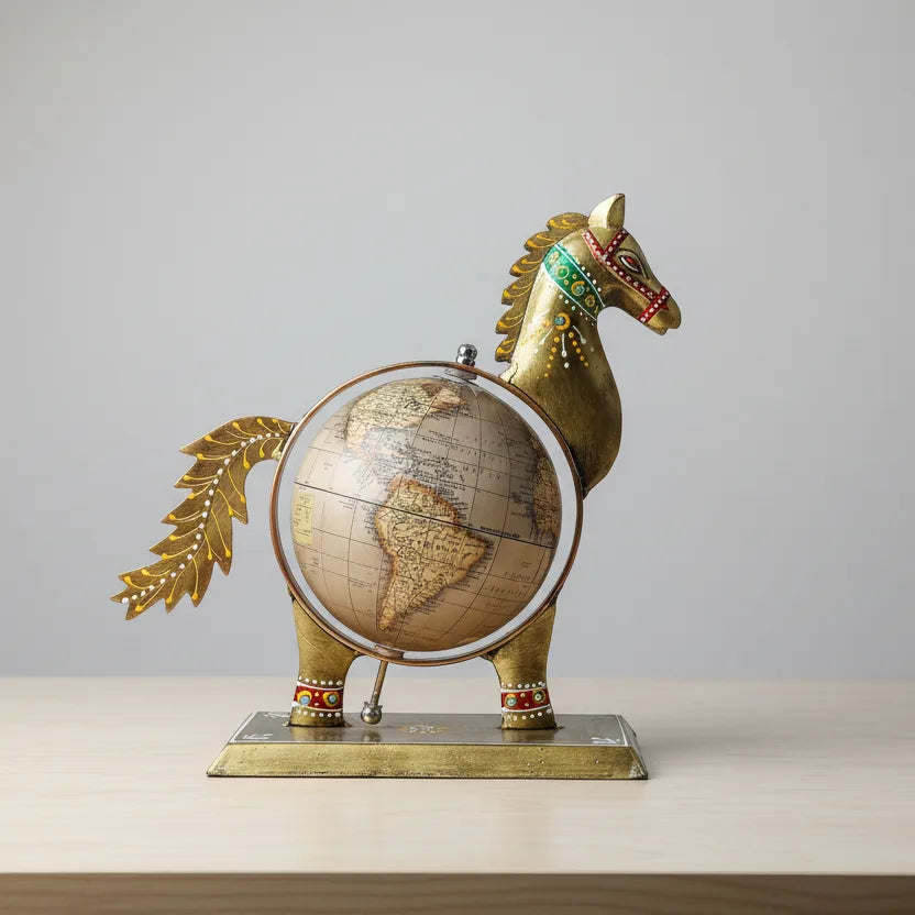 Decorative Metal Horse Globe Table Showpiece | Indian Handicraft Home Decor Gift | KK Gift Store