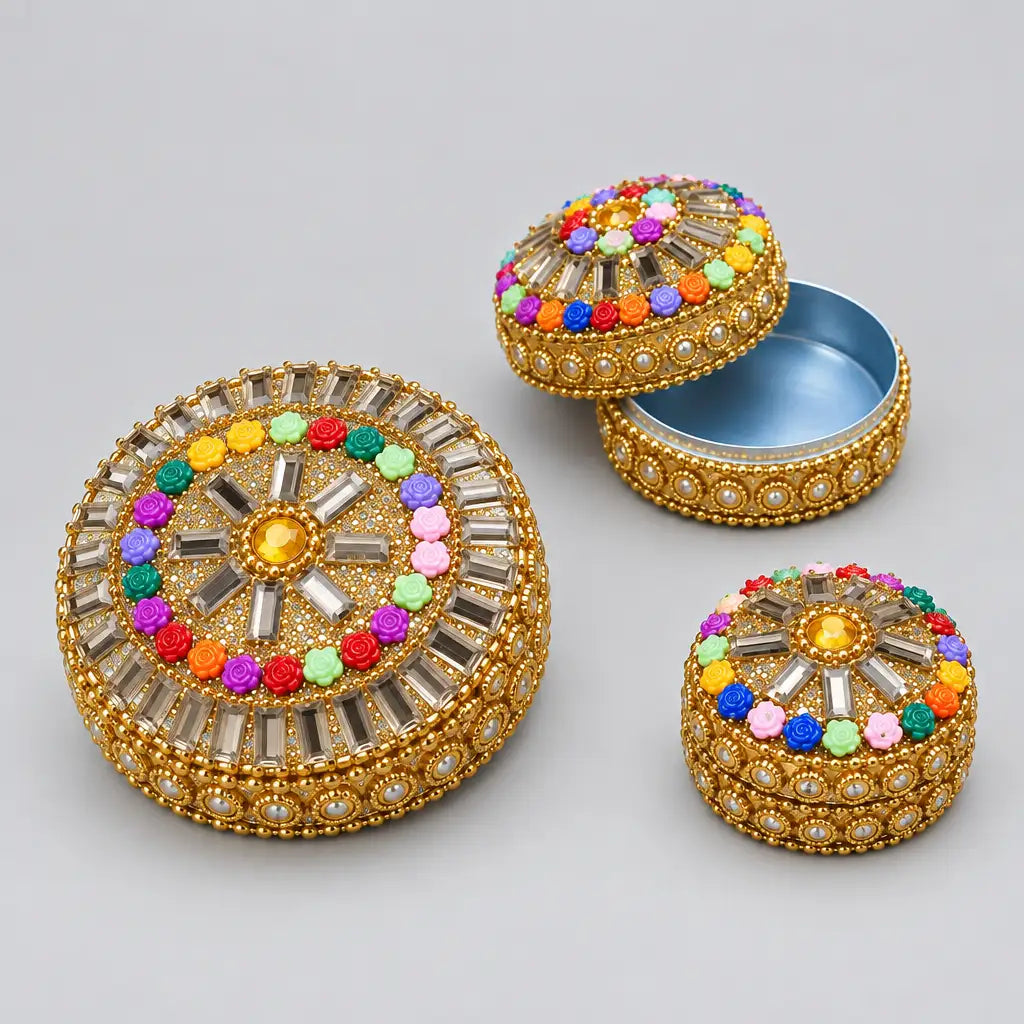Decorative lac box set with one box open to show the metal interior and two closed boxes with colourful floral lid decorations.
