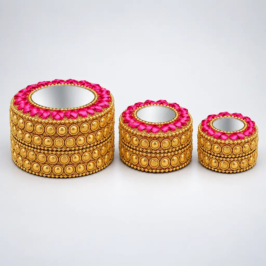 Decorative lac kumkum box set of three with mirror lids, stone accents and golden detailing, showing the largest box open.