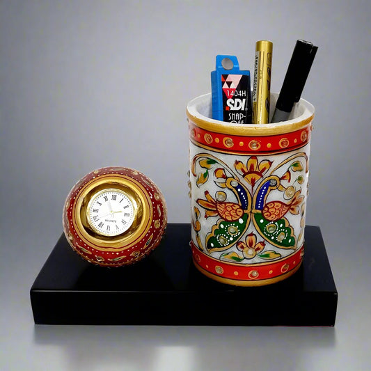Elegant Marble Clock and Pen Stand – Multi-Functional Office Decor in Jaipur Style