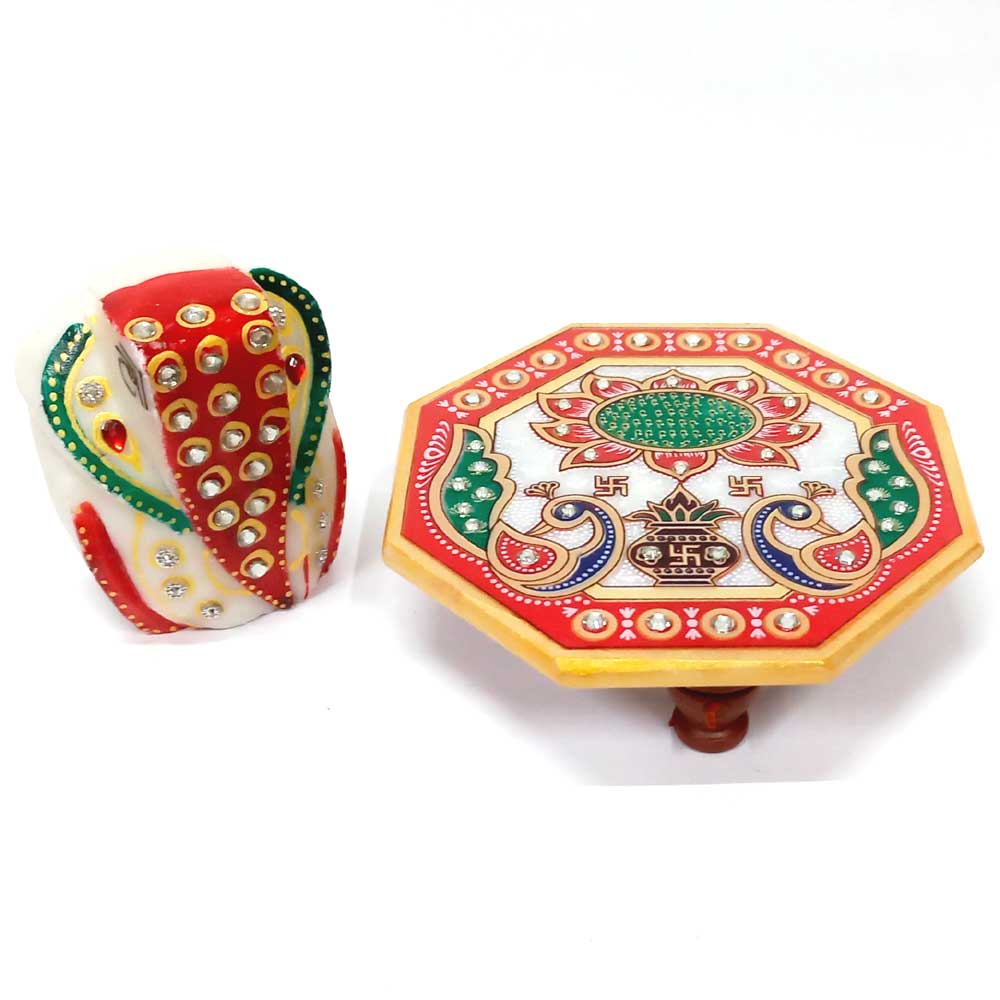 Marble Ganesha statue with chowki base, auspicious idol for home temple.