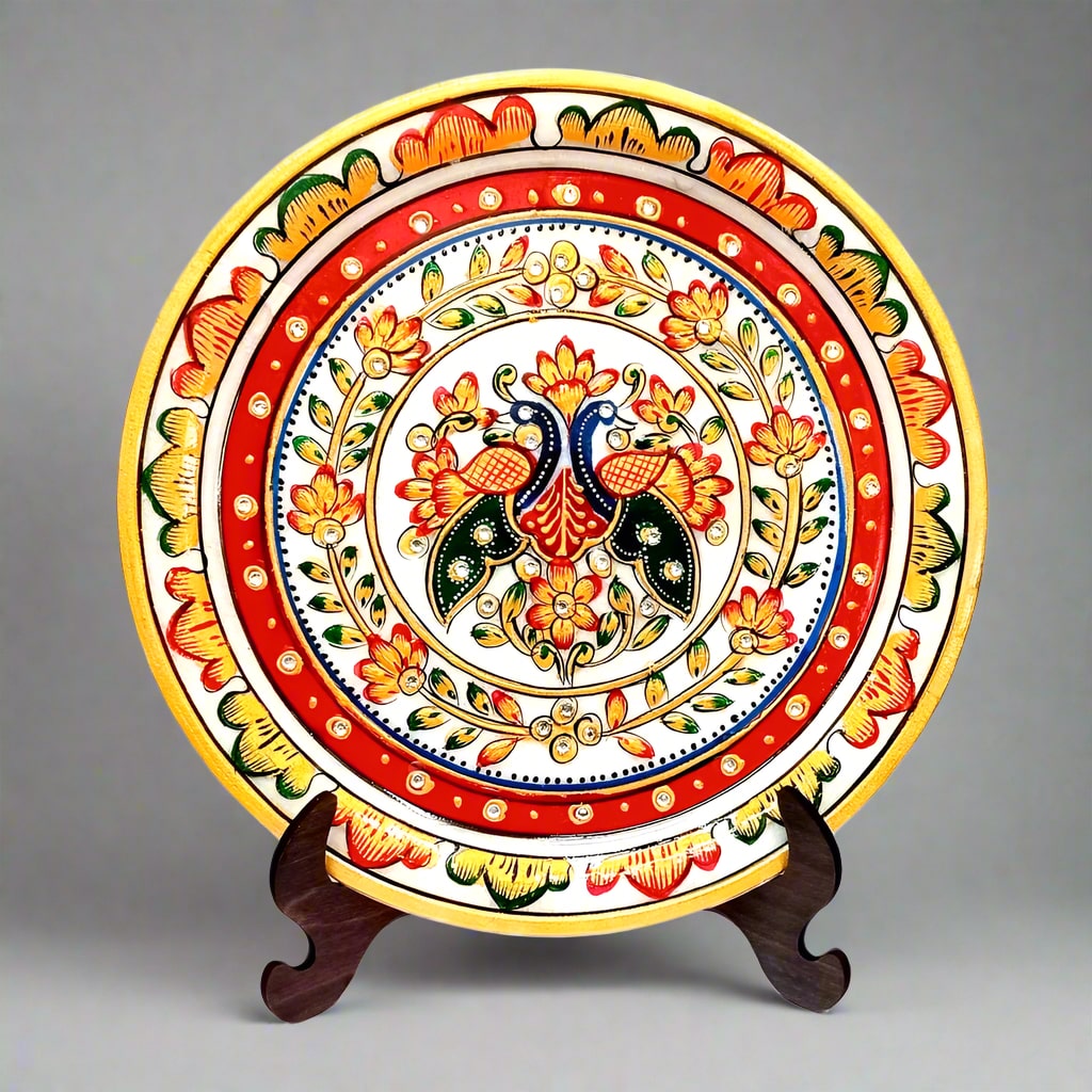 Luxury marble decorative plate with colorful hand-painted embossed flowers, ideal for gifting, presented with velvet box and wooden holder.