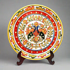 Luxury marble decorative plate with colorful hand-painted embossed flowers, ideal for gifting, presented with velvet box and wooden holder.