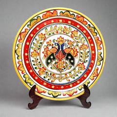 Luxury marble decorative plate with colorful hand-painted embossed flowers, ideal for gifting, presented with velvet box and wooden holder.