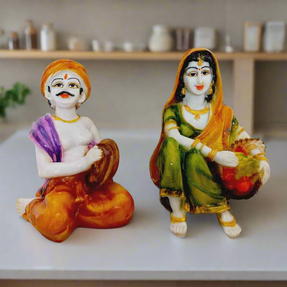 Marble dust Rajasthani couple figurine set, perfect for ethnic home décor