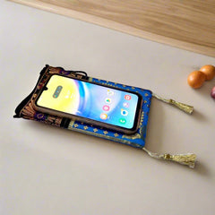 Elegant silk mobile cover, handcrafted with durable zippers and vibrant designs