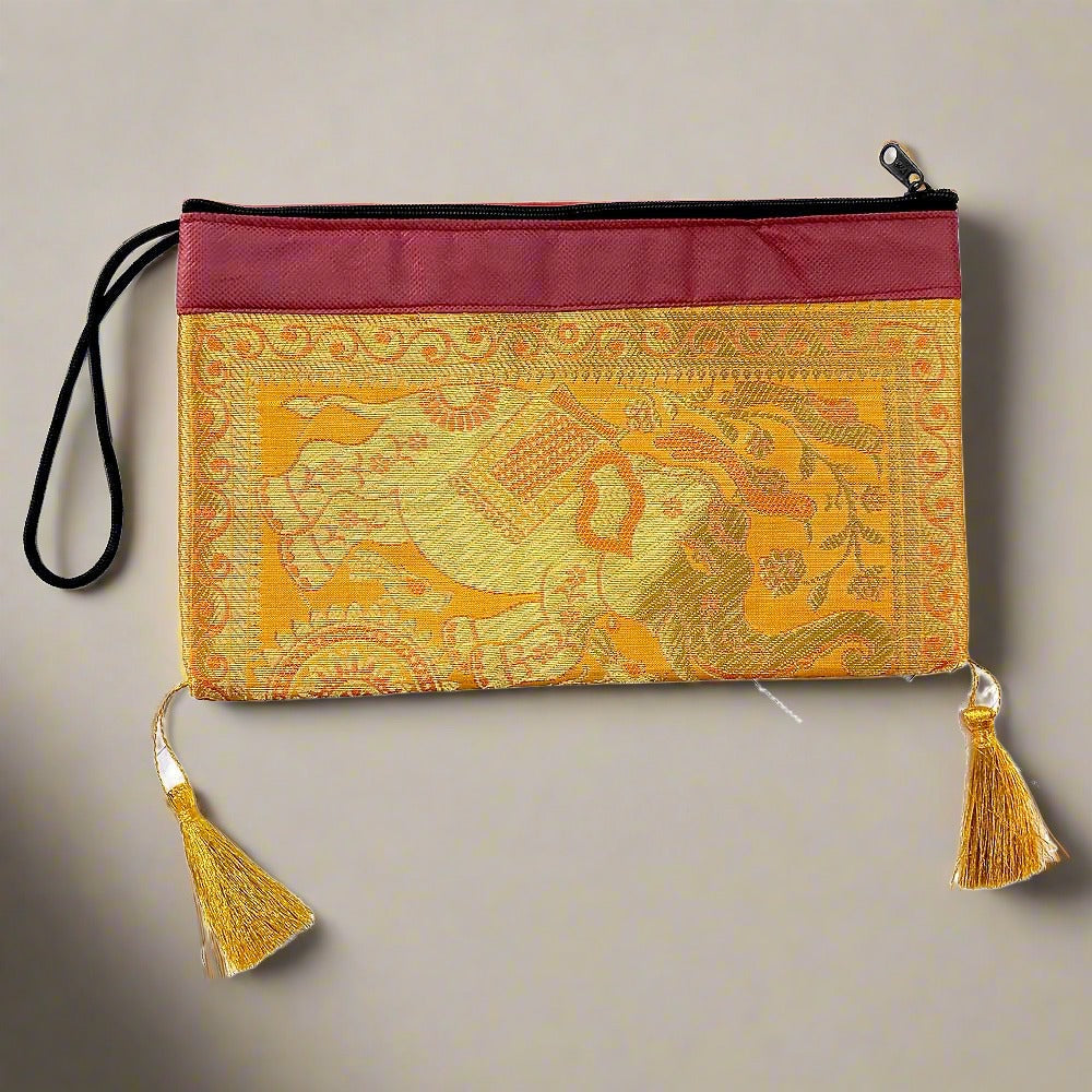 A decorative silk pouch bag, great for storing small items or as a home accent.