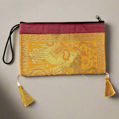 A decorative silk pouch bag, great for storing small items or as a home accent.