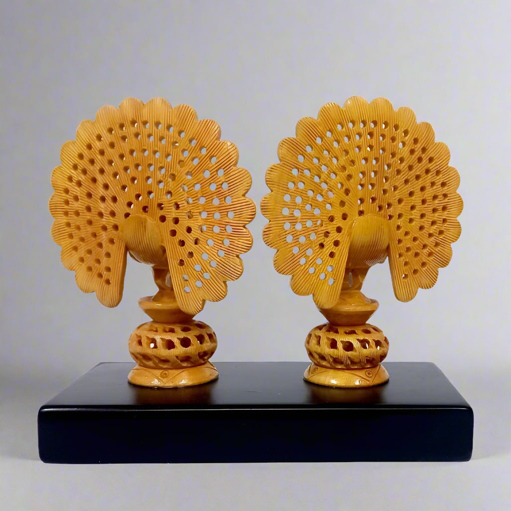 Elegant two peacocks figurine on platform – traditional Indian wooden sculpture