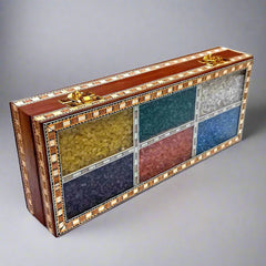 Decorative wooden box featuring traditional gemstone art on the lid.