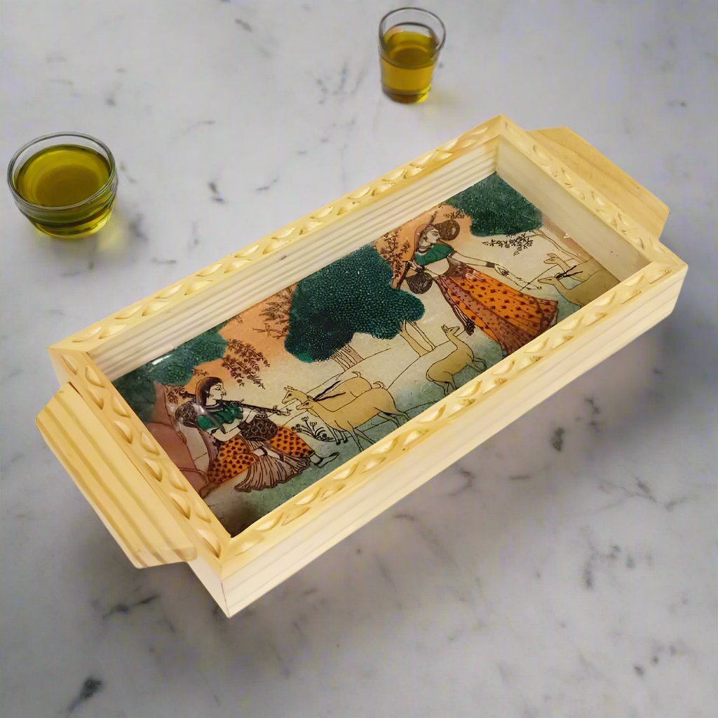 Decorative wooden serving tray with intricate gemstone art
