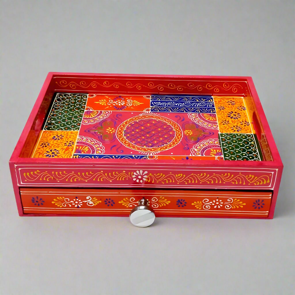 Decorative wooden tray with intricate hand-painted artwork and a convenient storage drawer underneath.