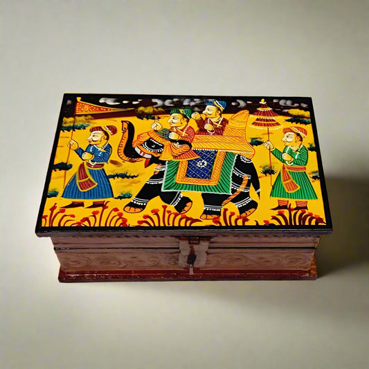 Unique artisan-crafted wooden jewelry storage box with colorful painting