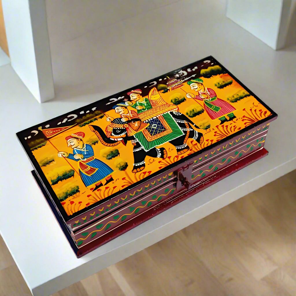 Colorful handcrafted wooden jewelry storage box with intricate artwork