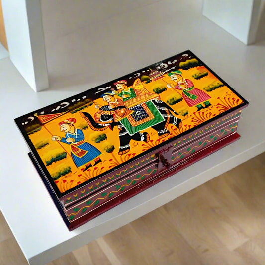 Colorful handcrafted wooden jewelry storage box with intricate artwork