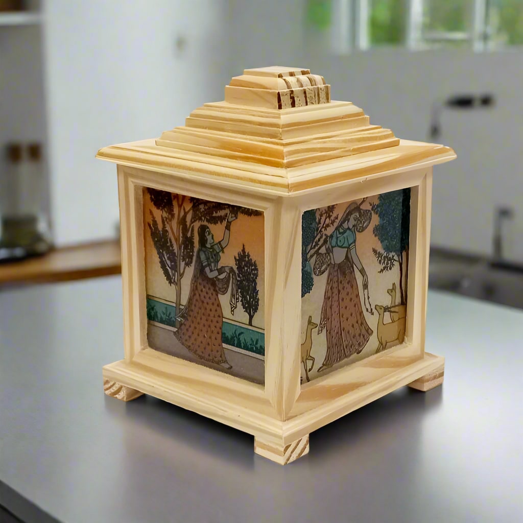 Square pine wood lamp with gemstone detailing that reflects soft light, ideal for bedside or living room ambience.