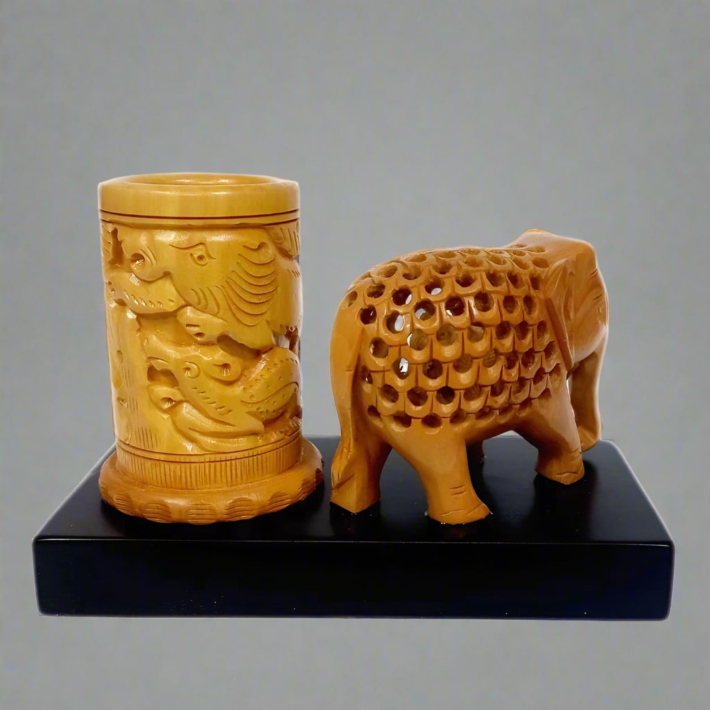 Elegant Wooden Desk Organizer with Undercut Elephant Carving – Functional Art Piece