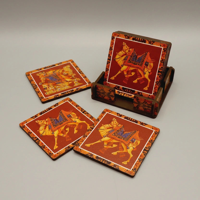 Close-up of a 4x4 inch square wooden coaster with elegant printed patterns for tea and coffee cups.