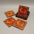 Close-up of a 4x4 inch square wooden coaster with elegant printed patterns for tea and coffee cups.