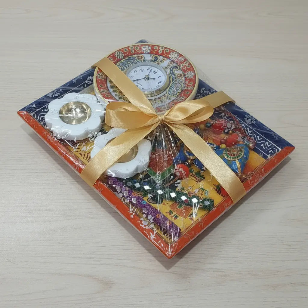 Rajasthani Diwali Gift Hamper gift-wrapped with gold satin ribbon