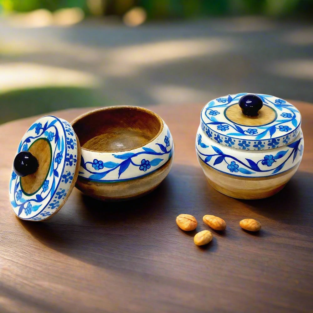 A handmade wooden tray and bowls set, a perfect gift for Diwali.