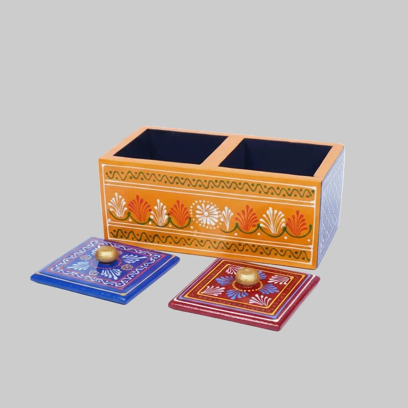 Top view of the 2-compartment wooden storage box showing internal partitions.