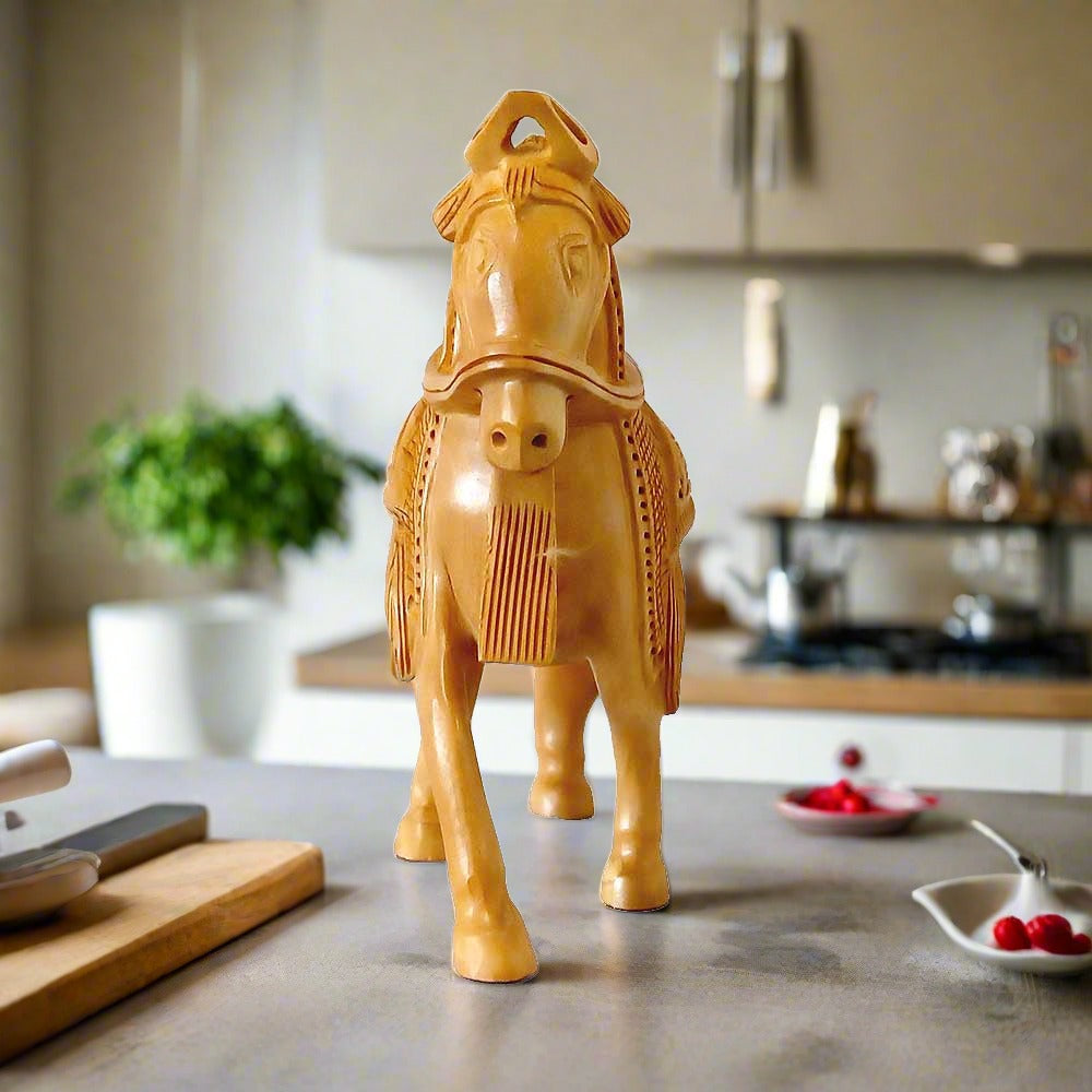 An elegant carved wooden horse statue, a perfect gift for any occasion.