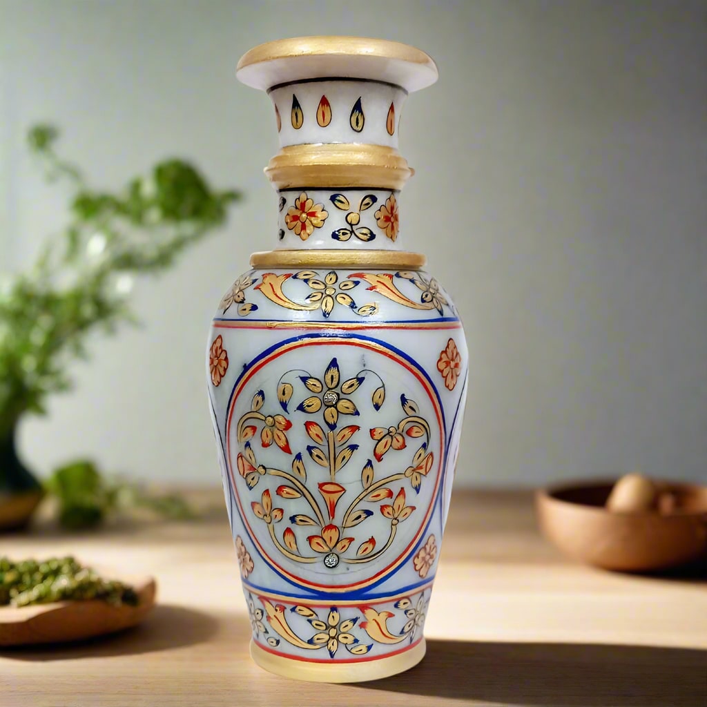 An elegant, one-of-a-kind marble vase with intricate embossed hand painting.
