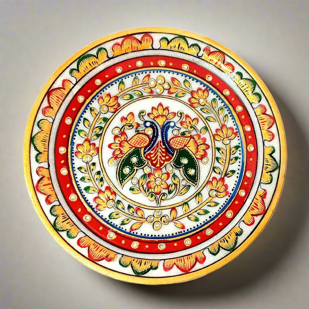 An elegant hand-painted marble plate, a timeless piece of home decor.
