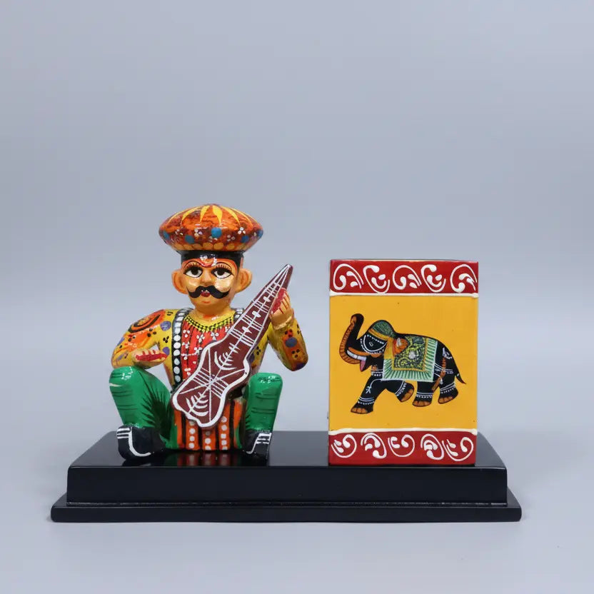 Wooden pen holder with hand painted elephant motif Rajasthani design