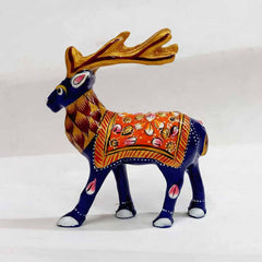 Closeup of embossed Meenakari metal deer statue from Jaipur, 10cm height gift item.