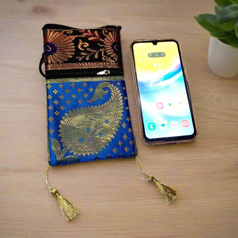 Assorted silk mobile pouch bag with double zip, fashionable and functional accessory