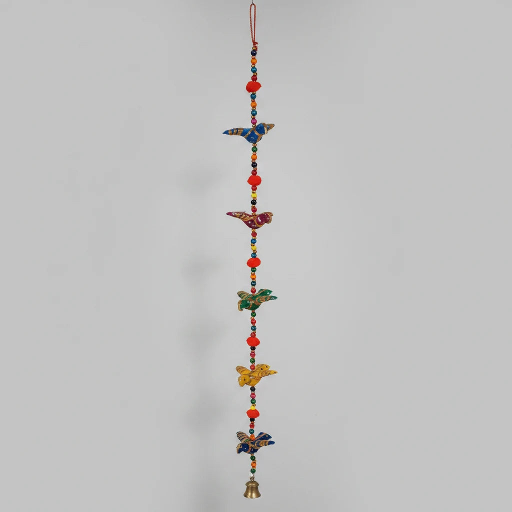 Handcrafted Bird String Wall Hanging with Multicolour Beads, Lace, Pom Poms and Brass Cow Bell — 3 Feet Long