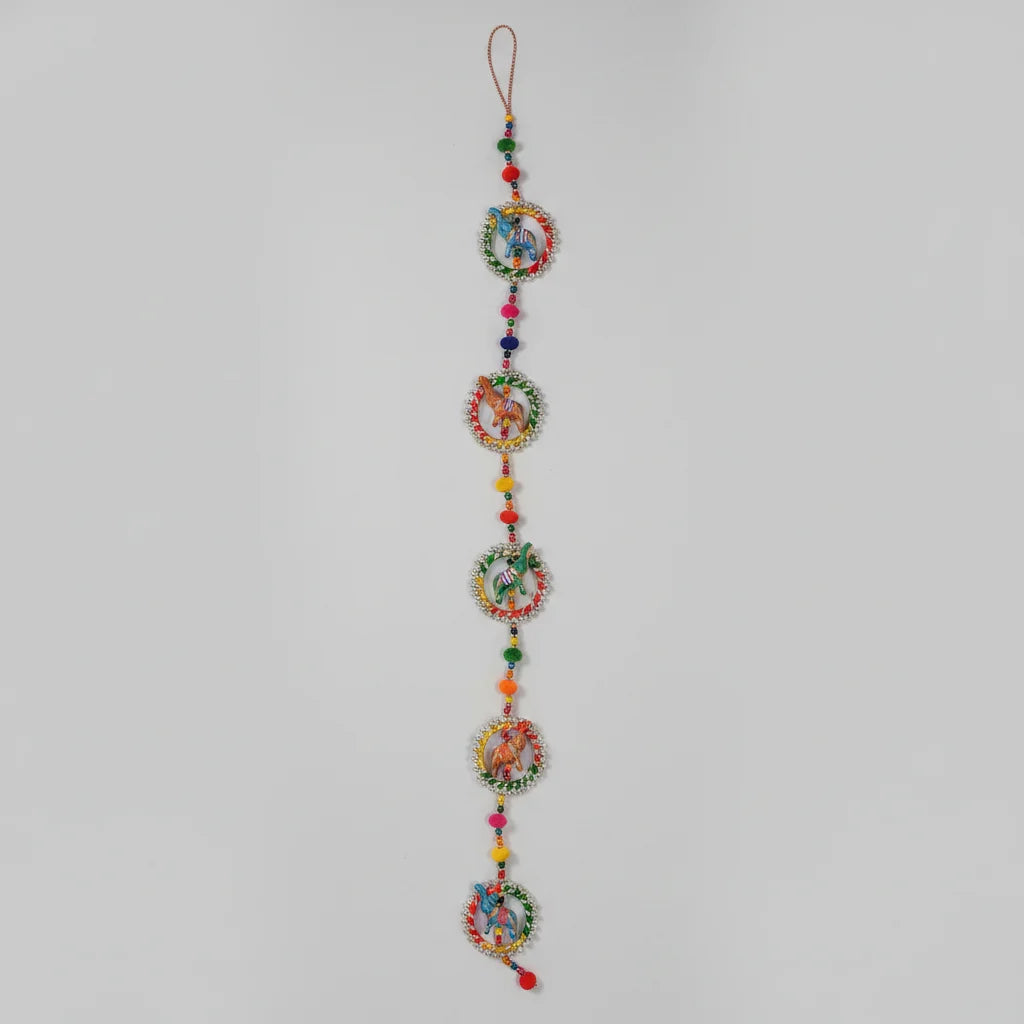 Handcrafted Elephant Ring String Wall Hanging with Silver Bead Frames, Colourful Pom Poms and Multicolour Beads — Set of 5 Rings, 3 Feet Long
