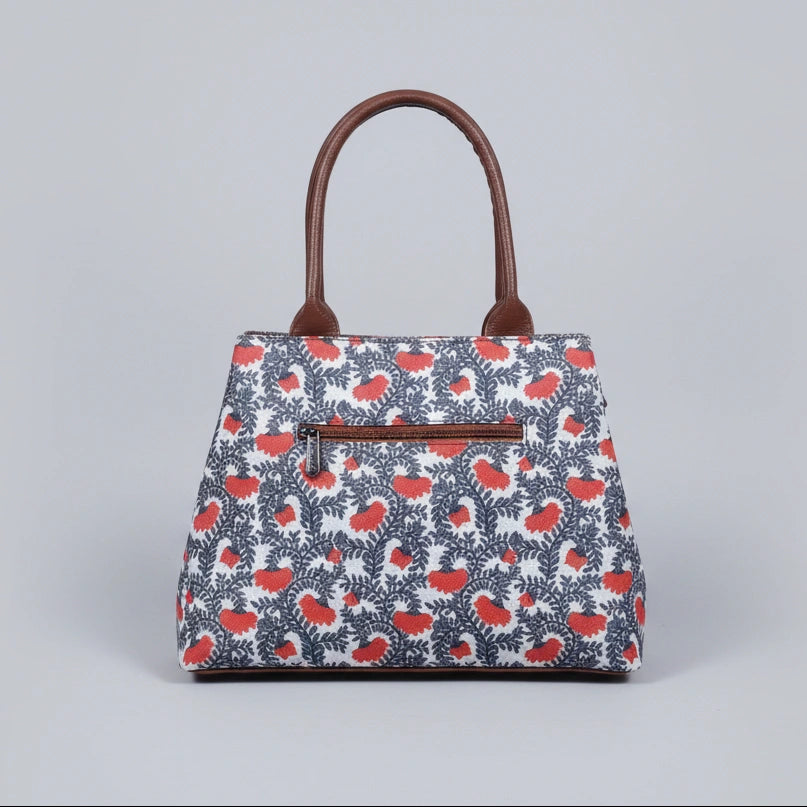 Rear view of ethnic handbag showing the secure back side zipper pocket.