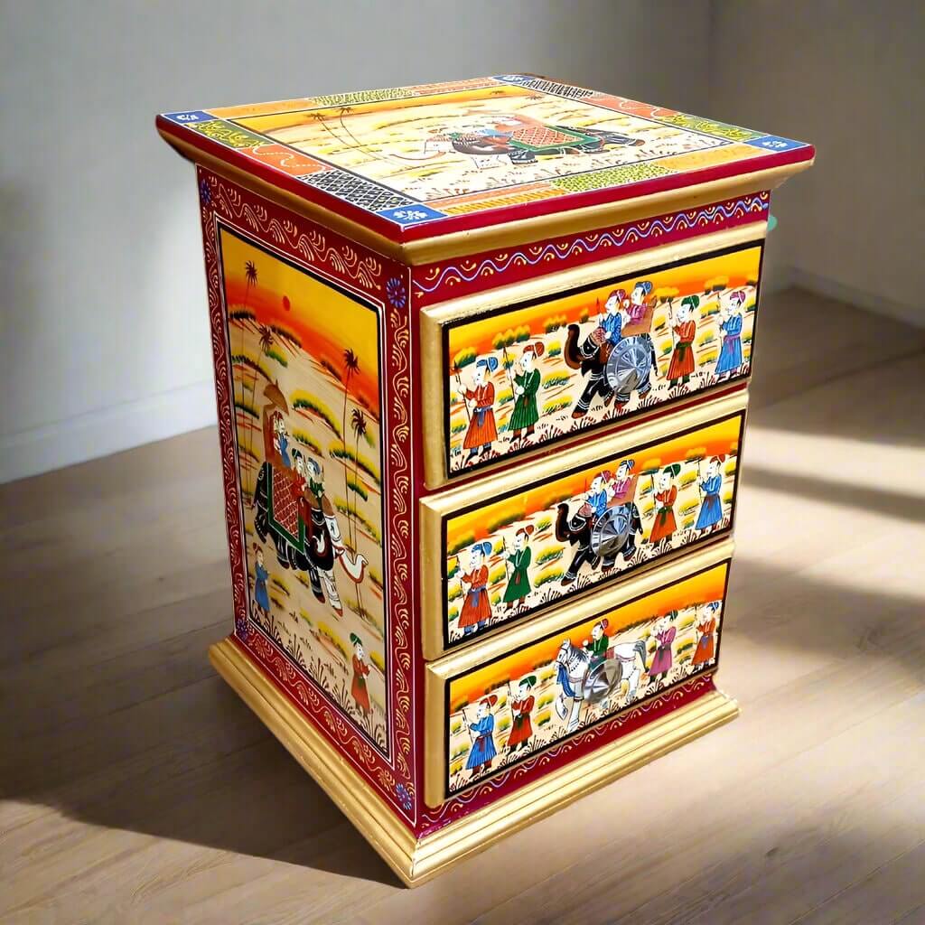 Ethnic handcrafted wooden storage chest with 3 pull-out drawers