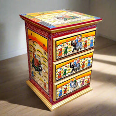 Ethnic handcrafted wooden storage chest with 3 pull-out drawers