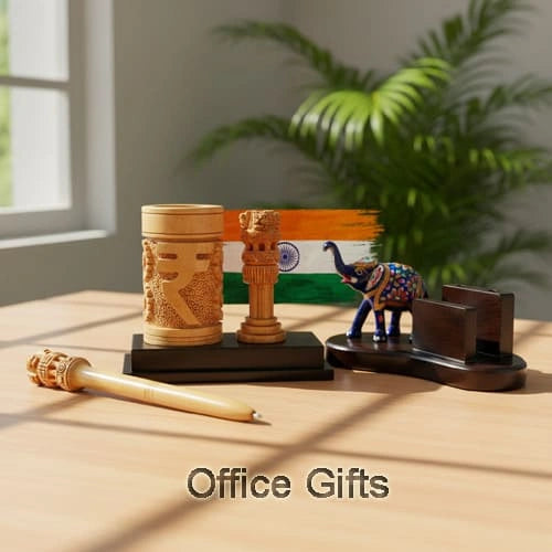 Exclusive handcrafted wooden office gifts from KK Gift Store Jaipur, including pen holders, desk organizers, and corporate gift items with traditional Rajasthani art.