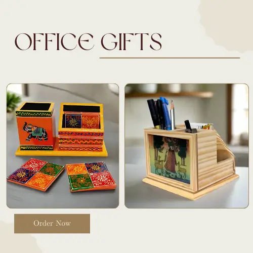 Exclusive handcrafted wooden office gifts from KK Gift Store Jaipur, including pen holders, desk organizers, and corporate gift items with traditional Rajasthani art.