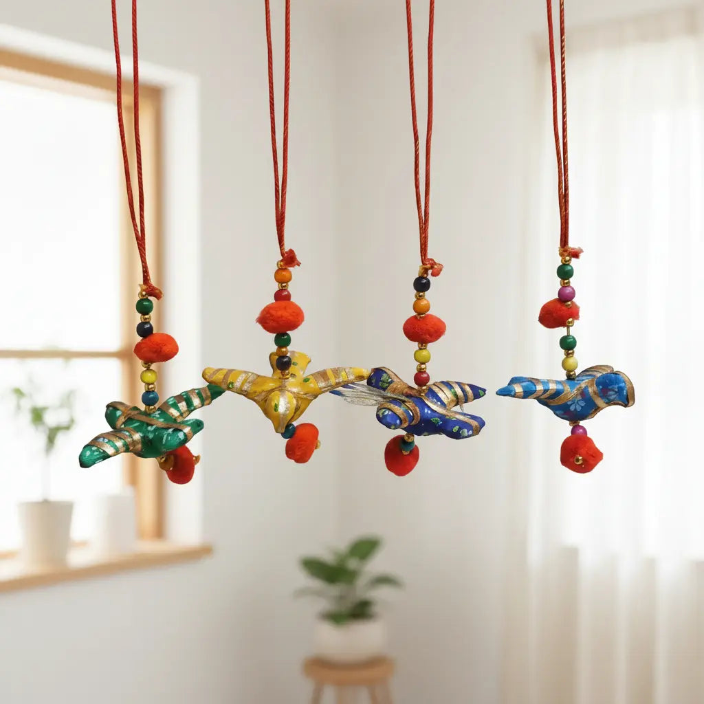 Handmade Cotton Fabric Bird Hanging in Assorted Colours with Pom Poms and Wooden Beads — Ethnic Car and Home Decor