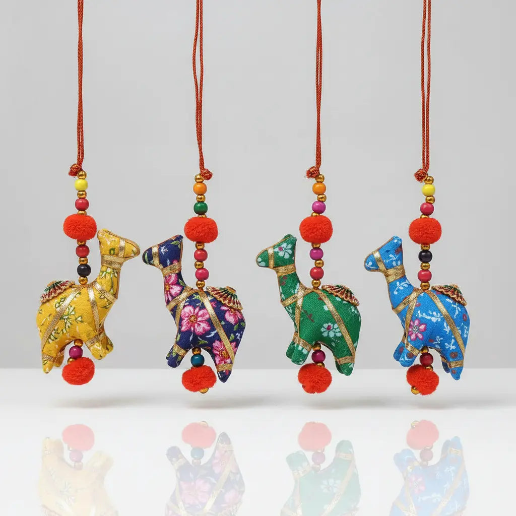 Handcrafted Cotton Printed Fabric Camel Hanging in Four Colours — Yellow, Blue, Green and Sky Blue — with Gold Detailing, Red Cord and Red Pom Poms