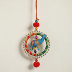 Handmade Fabric Elephant Figure Inside Pearl-Bordered Ring Hanging with Multicolour Wooden Beads and Red Pom Pom — Ethnic Wall and Car Decor